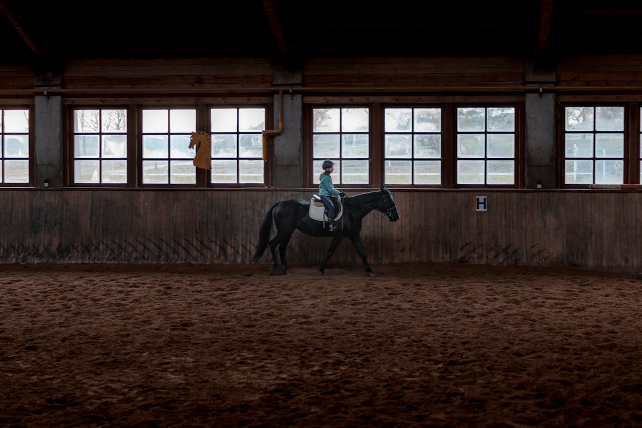 Girl riding a black horse indoors, showcasing equestrian training in a stable setting.